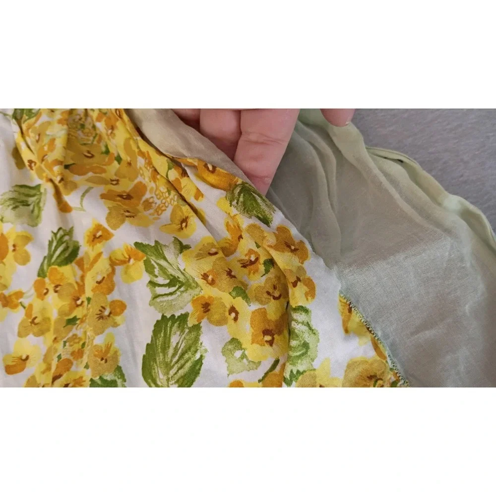 Vintage‎ Hostess Apron Half Waist Flowers Floral Yellow Sheer W/Pockets Cottage